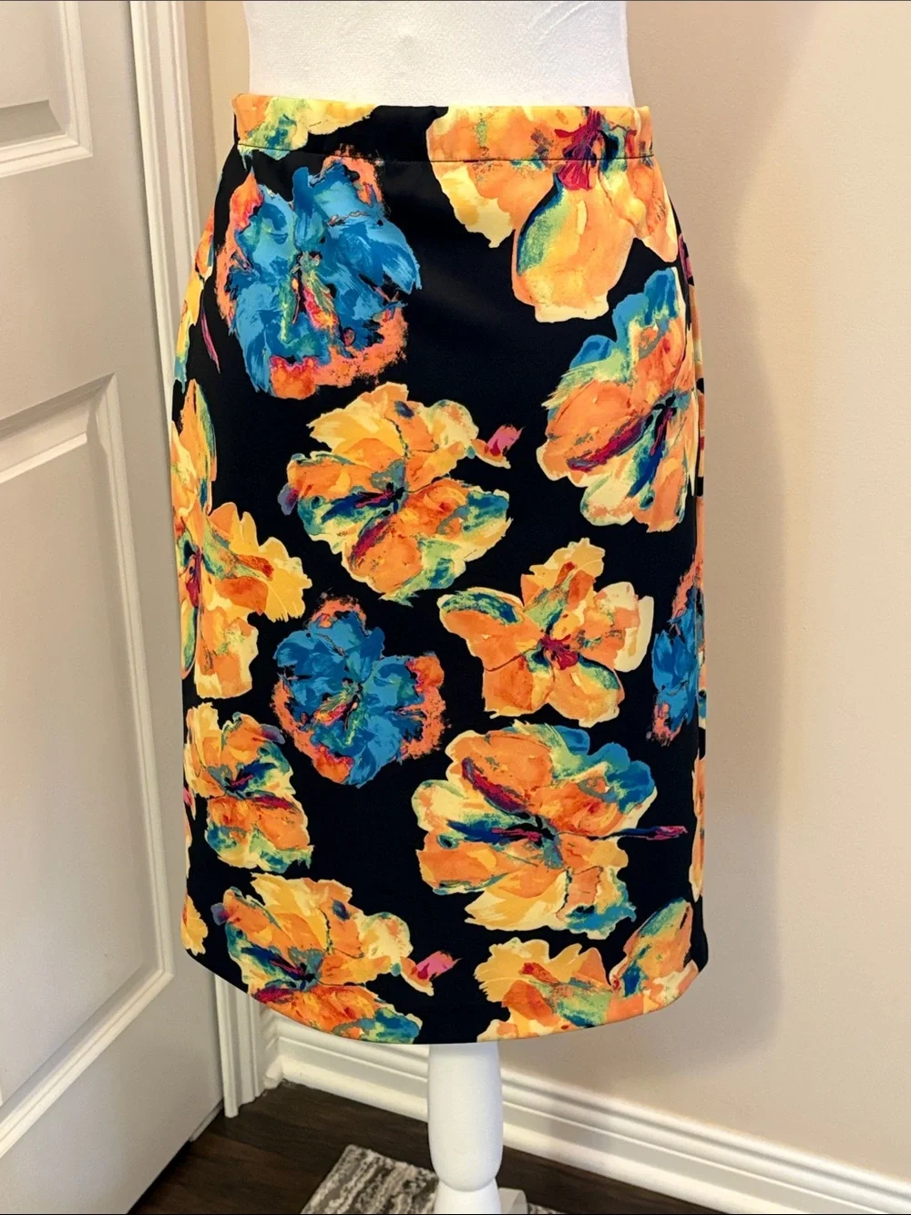 Rafaella Black Pencil Midi Skirt with Yellow & Blue Floral Print Small